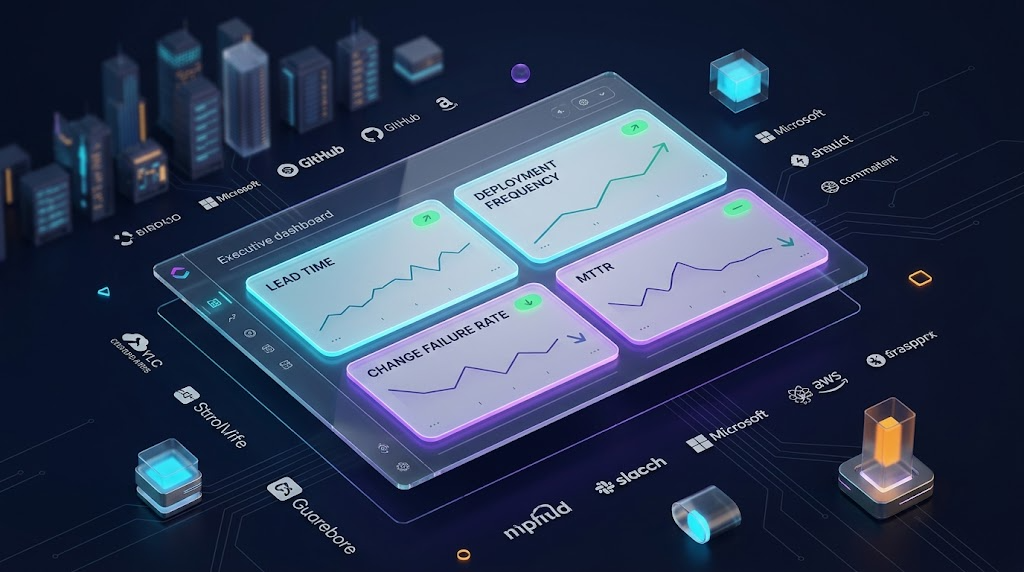 Dashboard ejecutivo con los 4 KPIs DORA en tiempo real