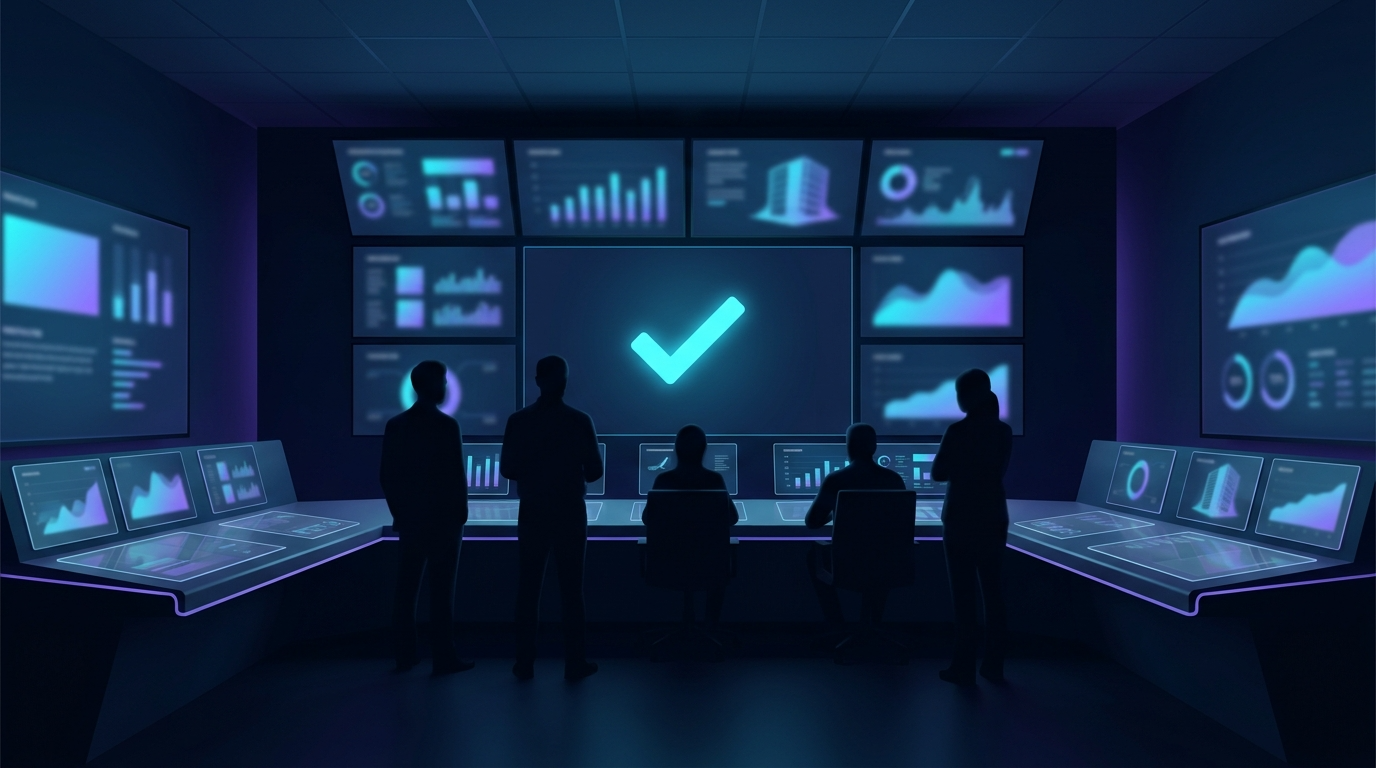 Equipo de operaciones supervisando tableros de producción con metáforas de verificación y confianza.